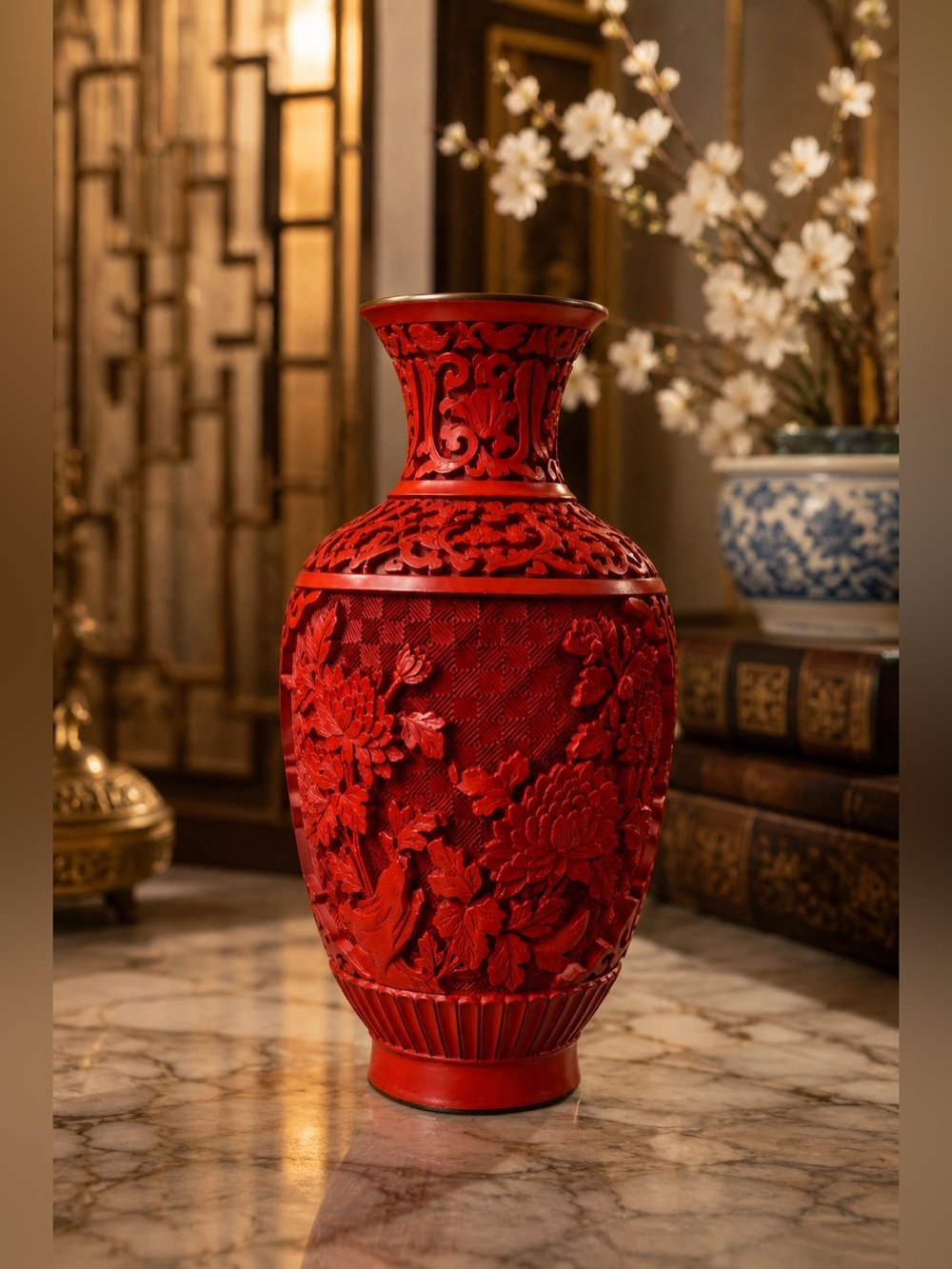 ♥️ Vintage Chinese Cinnabar Style Red Carved Lacquer Vase 🌹 Floral Asian Decor